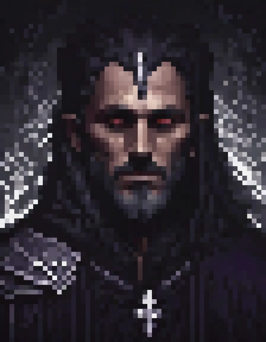 mesmerizing detailed portrait of an man, shadowy arcane powers, black monochromatic color scheme, dark mystical robes, eerie glowing aura, mysterious magic energy swirling around, dramatic lighting, long dark robes, glowing eyes, powerful magic user, intricate pixel art style, highly detailed, masterpiece, 8k, photorealistic, shadowy environment, best quality, highres, ultra-detailed, realistic, photo-realistic, dark fantasy, cinematic, chiaroscuro, moody atmosphere, no other colors than black.