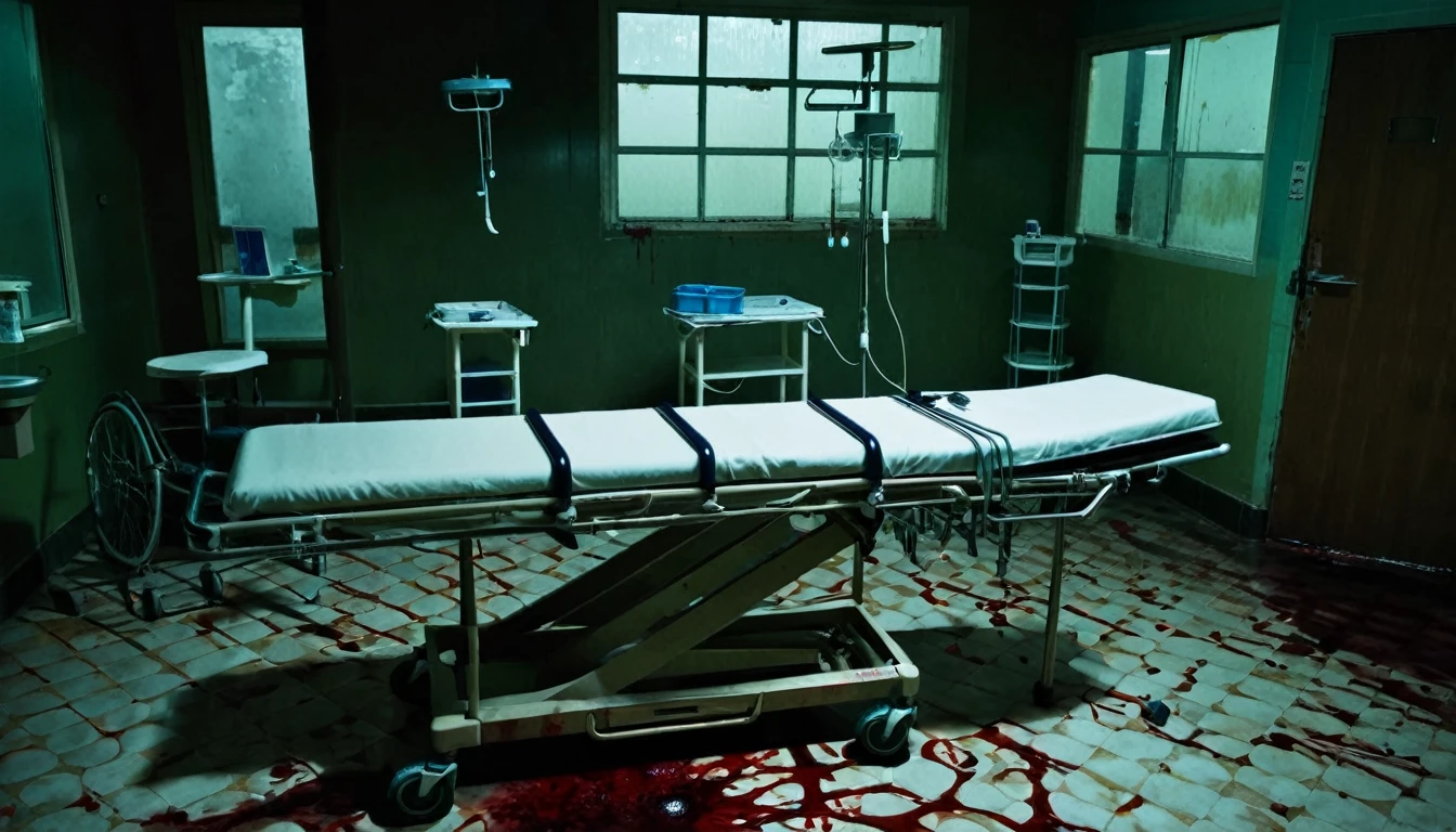 hospital room, stretcher in the center, various equipment, blood stains on the floor, environment, dark, sinister, macabre