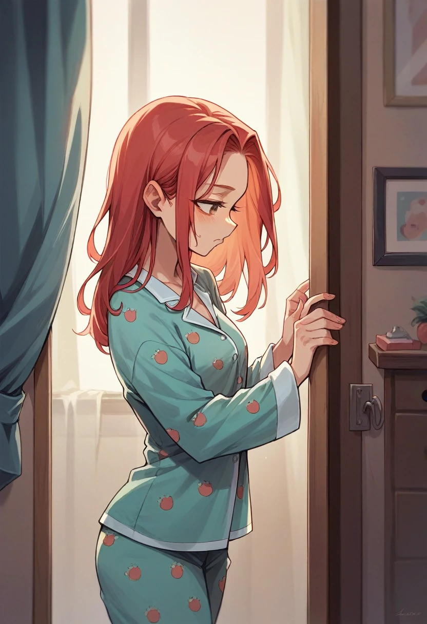 red-haired woman in pajamas looking in the mirror seriously stretches out her hand and touches it with the tips of her fingers