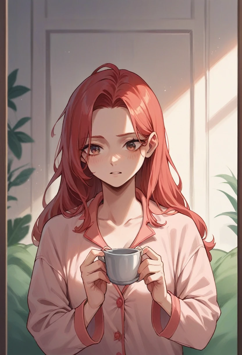 red-haired woman in pajamas looking in the mirror seriously stretches out her hand and touches it with the tips of her fingers