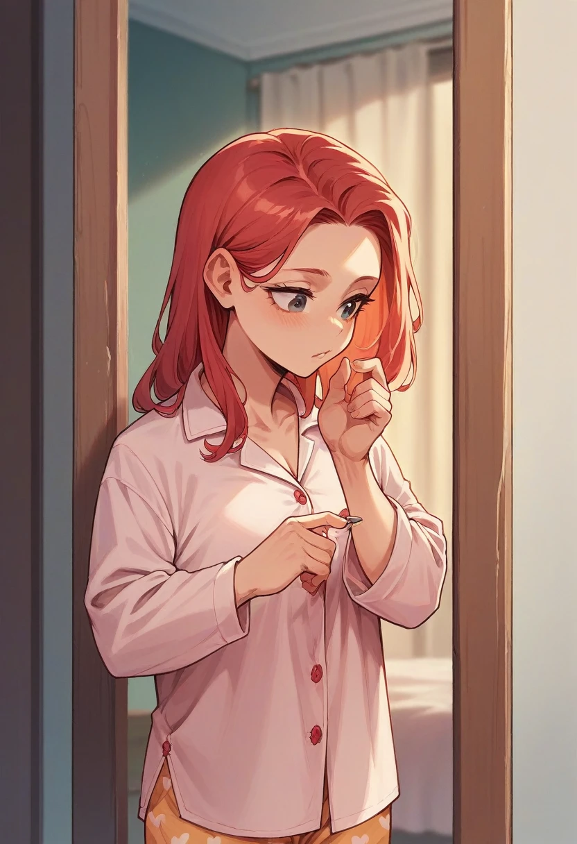 red-haired woman in pajamas looking in the mirror seriously stretches out her hand and touches it with the tips of her fingers