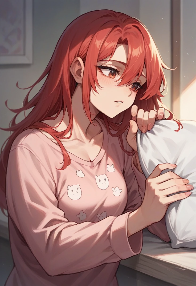 red-haired woman in pajamas looking in the mirror seriously stretches out her hand and touches it with the tips of her fingers