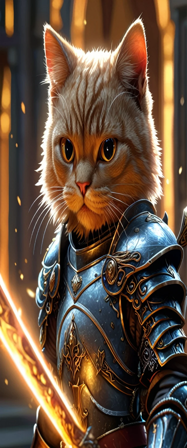 There is a cat in armor and with a sword, Cat Warrior, Knight in golden cat armor, Armored Cat, Armored Catの仲間, 超現実的なD & D ファンタジーアート, D&D アートステーションでトレンド, Wearing golden cat armor, Highly detailed digital art in 4K, Graphic artist Magali Villeneuve, Ultra-detailed fantasy characters
