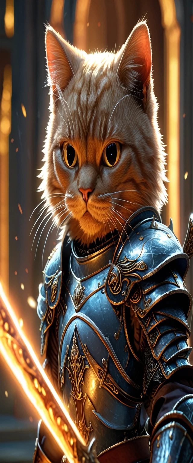 There is a cat in armor and with a sword, Cat Warrior, Knight in golden cat armor, Armored Cat, Armored Catの仲間, 超現実的なD & D ファンタジーアート, D&D アートステーションでトレンド, Wearing golden cat armor, Highly detailed digital art in 4K, Graphic artist Magali Villeneuve, Ultra-detailed fantasy characters