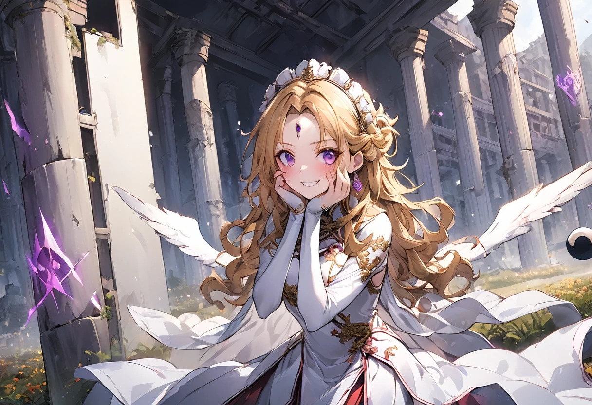 dark persona, ecstasy, looking at viewer, armor, both hands on own face, happy, blush, evil grin, white leg armor, knight, wavy hair, medium hair, octagonal yin yang mirror, purple eyes, audience, forehead jewel, pillars of purple fire, 1 woman, white cape, runes, white dress, white wing headdress, Ruined city, gold decoration, gold hair, long cheongsam, earring, chains, yin yang, long skirt, beautiful art, depth of field, high res, perfect face, detailed outfit