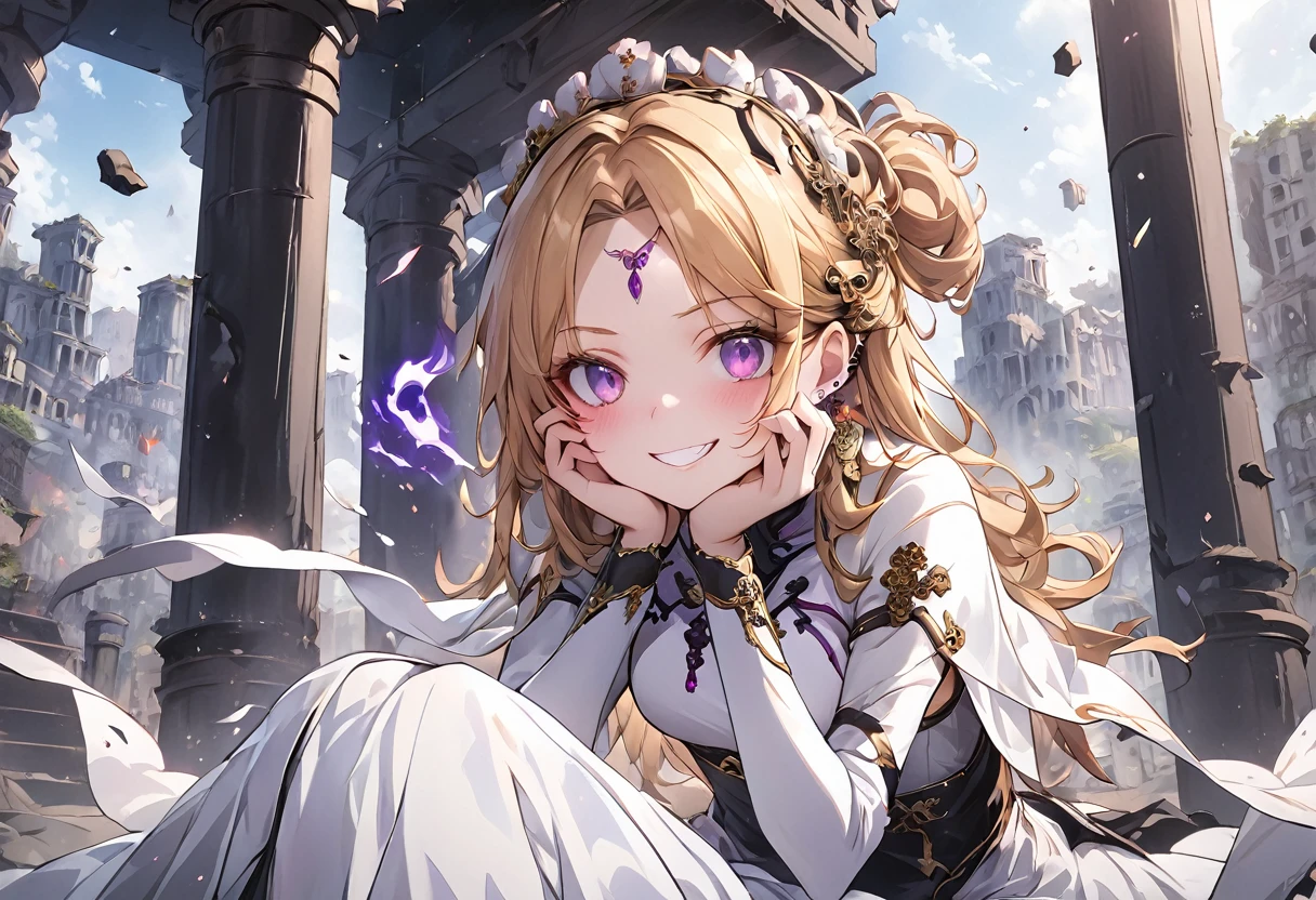 dark persona, ???????, looking at viewer, armor, both hands on own face, happy, blush, evil grin, white leg armor, knight, wavy hair, medium hair, octagonal yin yang mirror, purple eyes, audience, forehead jewel, pillars of purple fire, 1 woman, white cape, runes, white dress, white wing headdress, Ruined city, gold decoration, gold hair, long cheongsam, earring, chains, yin yang, long skirt, beautiful art, depth of field, high res, perfect face, detailed outfit