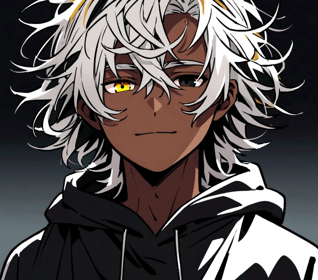 white  shirt, wearing a black hoodie , yellow and black eyes heterochromia , , light smile expression, Messy hair , Medium length hair , 1 men , multicolored black and white hair , two tone hair , dark skin color icon format