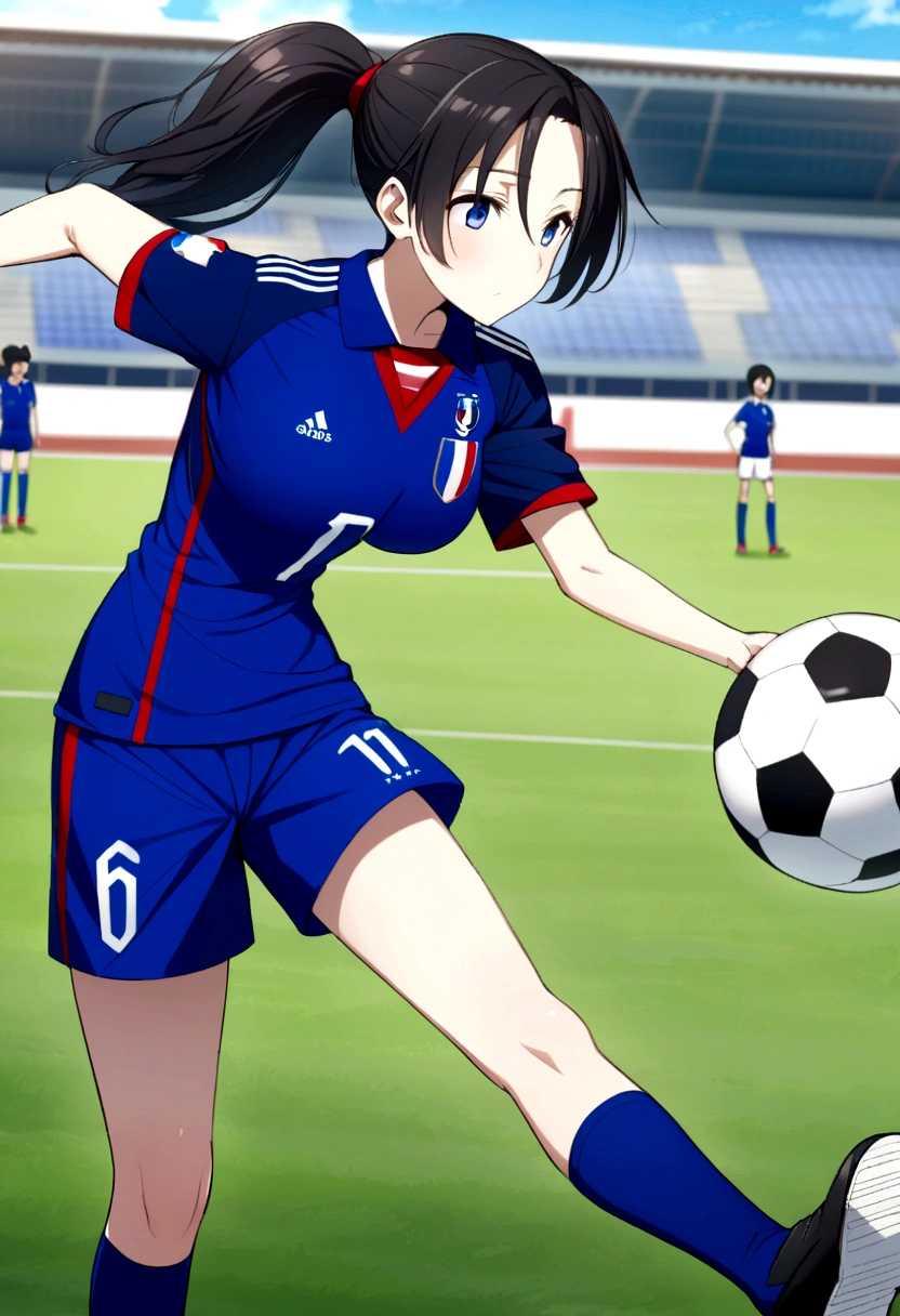 (anime ,2D) Women, soccer player , average height ,clear skin,thin face ,blue eyes,black hair , waist length ,fringe ,collected in a ponytail,Skinny body,big breasts,small waist, France national team uniform, In a soccer field ,kicking a ball,next door Nosaka Yuuma
