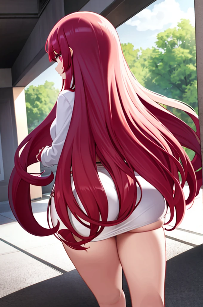 1 persons、solo、animesque、red Hair、1 girl、Silver-eyed、Colossal tits、Big buttocks、Angle from behind、soft long hair、slanted eyes、