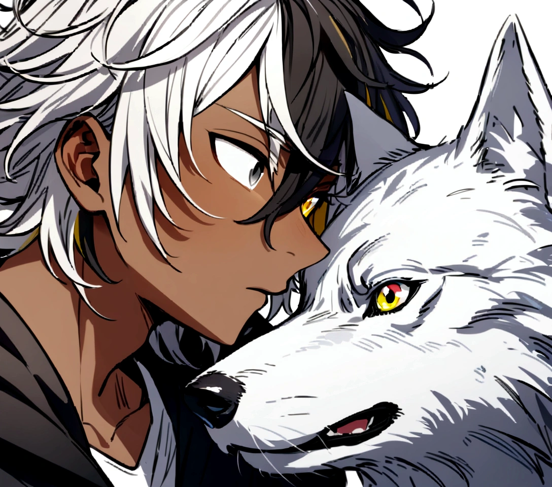 white shirt, wearing a black hoodie , yellow and black eyes heterochromia , Messy hair , Medium length hair , 1 men , multicolored black and white hair , two tone hair , dark skin color , with a white wolf , both of them looking at each other like idiots