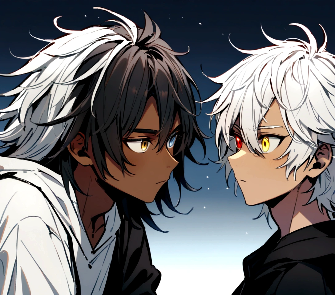 white  shirt, wearing a black hoodie , yellow and black eyes heterochromia , Messy hair , Medium length hair , 1 men , multicolored black and white hair , two tone hair , dark skin color , with a white wolf , both of them looking at each other like idiots