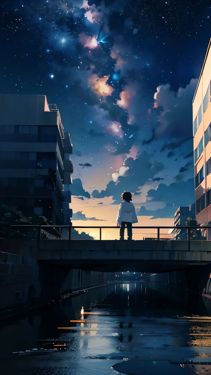 Octane, zero, Star (zero), scenery, Starry zero, night, A boy from behind, Wearing an oversized white hoodie，night zero, alone, Outdoor, building, cloud, milky way, Sitting, wood, Long Hair, city, silhouette, cityscape, zeroを見上げて, 8K, Beautiful night zero, Ray Tracing, masterpiece, Like a Makoto Shinkai movie