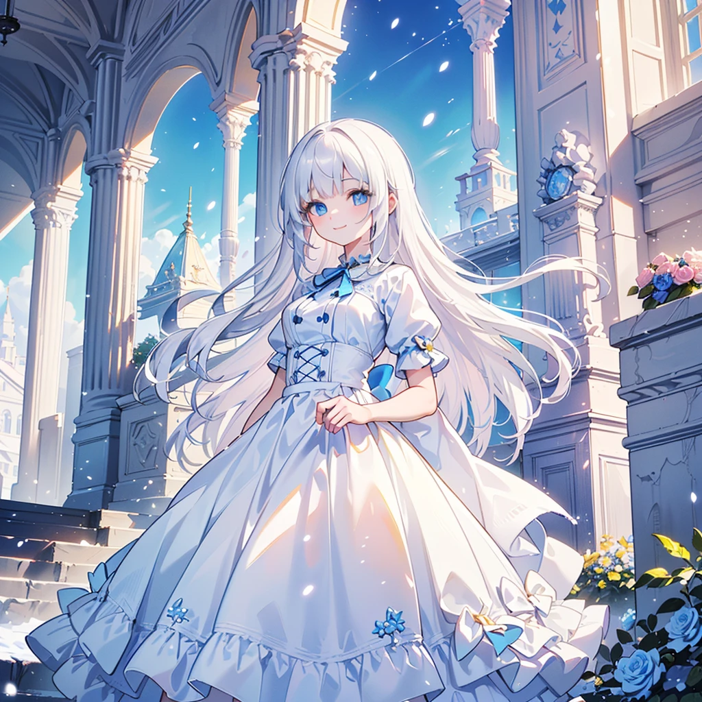 ((best quality，masterpiece，Extremely complex and exquisite details，There is only one beautiful girl with long white straight hair and blue eyes，Smile，long skirt))，(Exquisite light blue and white clothing，Beautiful bright and exquisite ancient style white castle architectural background)，(correct anatomy，exquisite face)，(Exquisite fantasy dream style，Snow，Falling Flowers，The great outdoors)，whole body