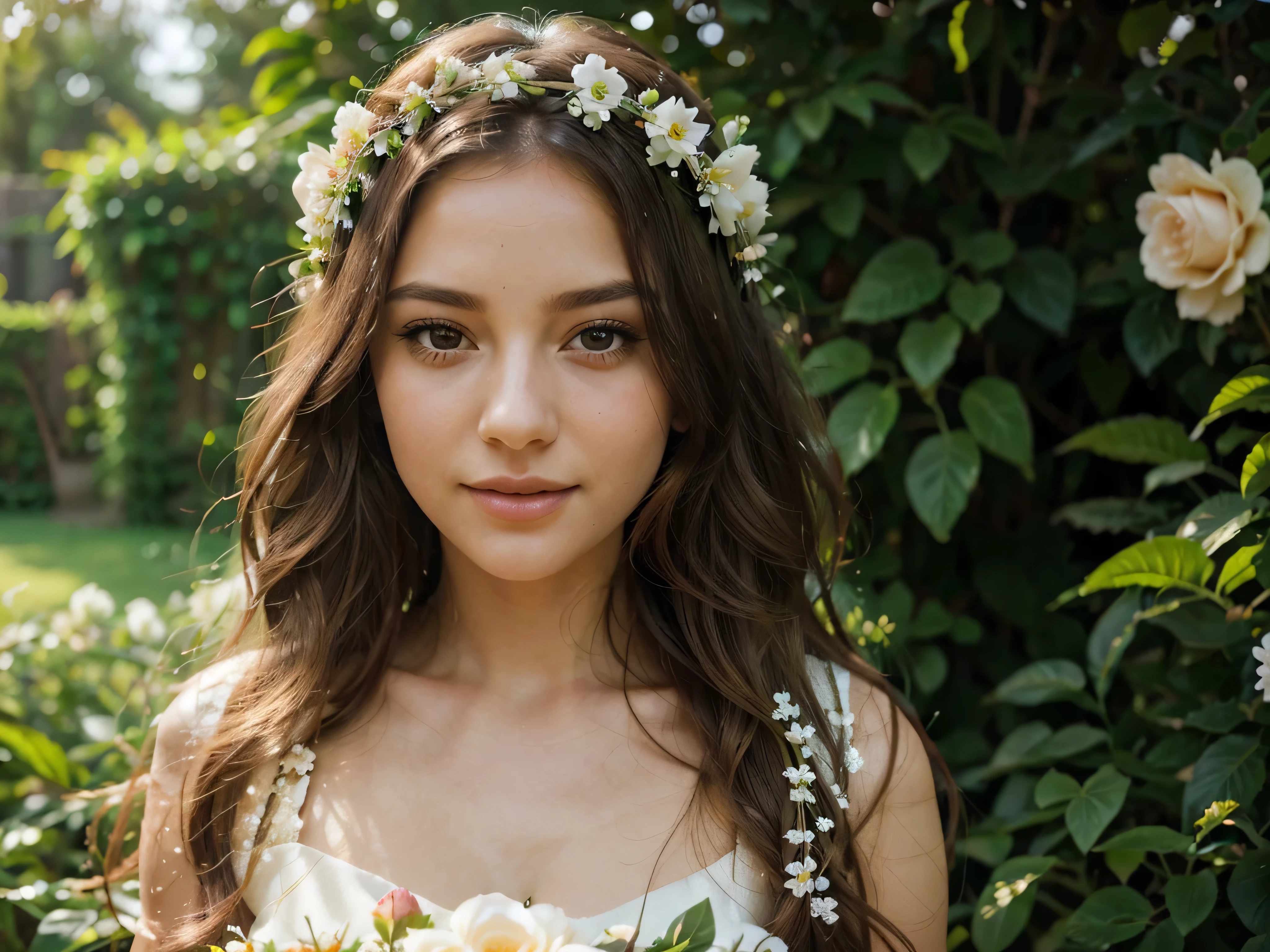 a girl in a lush garden, beautiful detailed eyes, beautiful detailed lips, extremely detailed face and skin, long eyelashes, long wavy hair, elegant flower crown, flowing white dress, holding a bouquet of flowers, gentle smile, serene expression, soft natural lighting, vibrant colors, photorealistic, 8k, hyper detailed, intricate, masterpiece