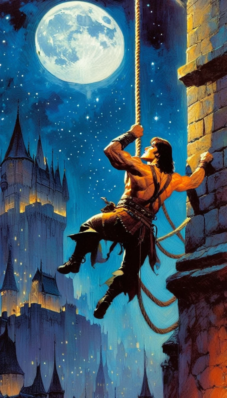 Conan character, climbing a large tower with a rope, fantastic city of medieval fantasy, night, moon, stars (art inspired by Bill Sienkiewicz). oil painting)