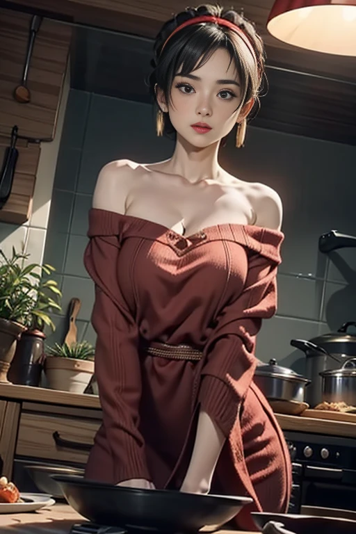 (from below:1.2), (perky chest:1.2), (pointed chest:1.2), 1girl, Bust A Cup, Amazing Cleavage:1.1, thin waist, big ass, Raised sexy, small breast: 1.1 posed cleavage:1.2、solo, looking at viewer, have a cute glass of cute beergrass,black hair, dark green eyes, dress, bare shoulders, jewelry, collarbone, sidelocks, hairband, earrings, indoors, off shoulder, arms behind back, plants, short hair with long locks, gild hairband, off-shoulder dress, sweater dress, off-shoulder sweater, red sweater, dark gord hair, big side hair, very long side hair,is rendered in (masterpiece: 1.2, best quality), with (ultra high resolution) and an exquisite (depth of field). This masterpiece is not only visually stunning but also tells,A scene of cooking in the kitchen
