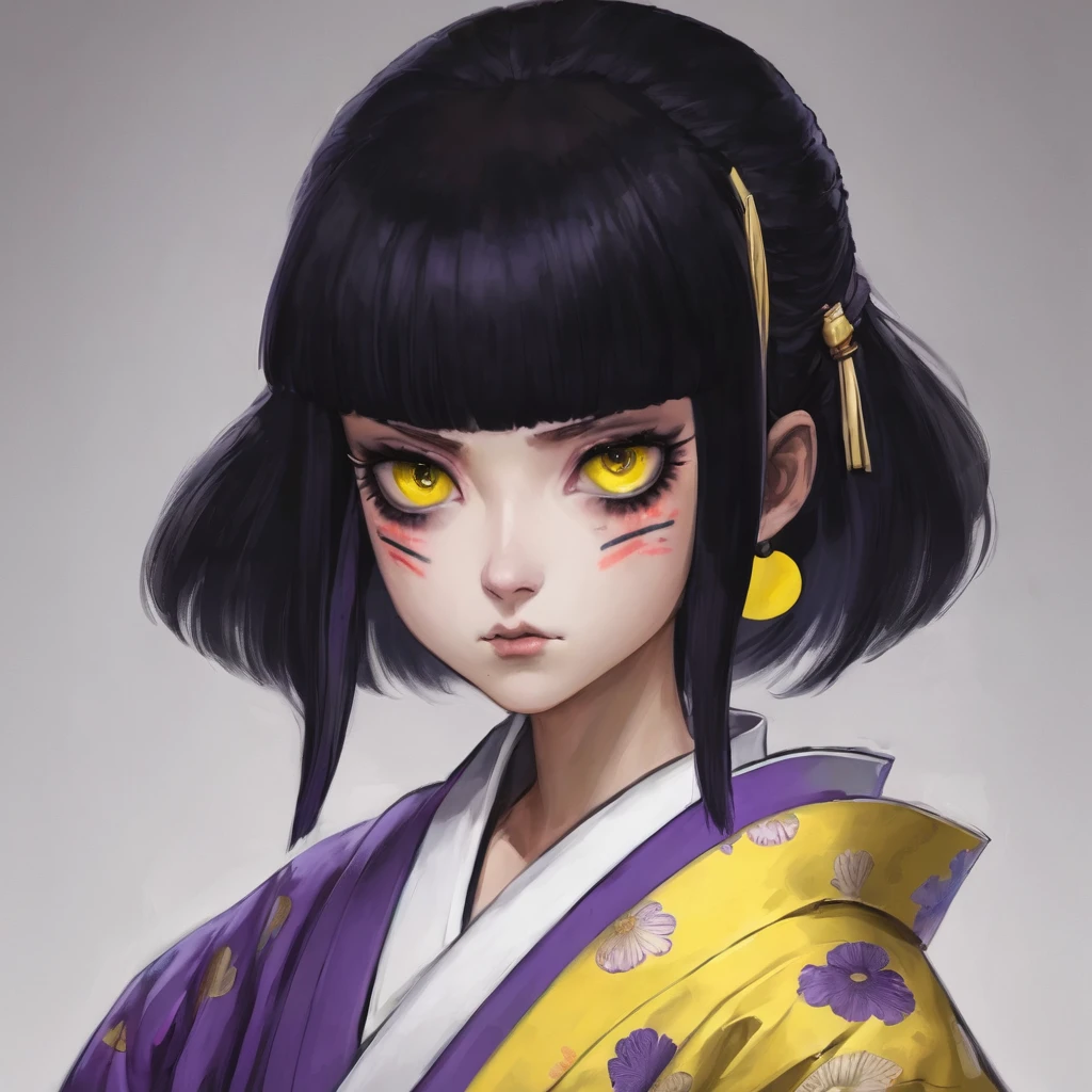  with a very weak purple kimono, black hair with white bangs, one black eye and one yellow eye.