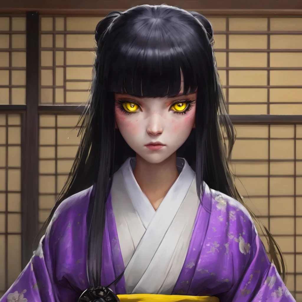  with a very weak purple kimono, black hair with white bangs, one black eye and one yellow eye.