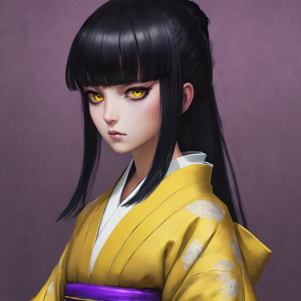  with a very weak purple kimono, black hair with white bangs, one black eye and one yellow eye.