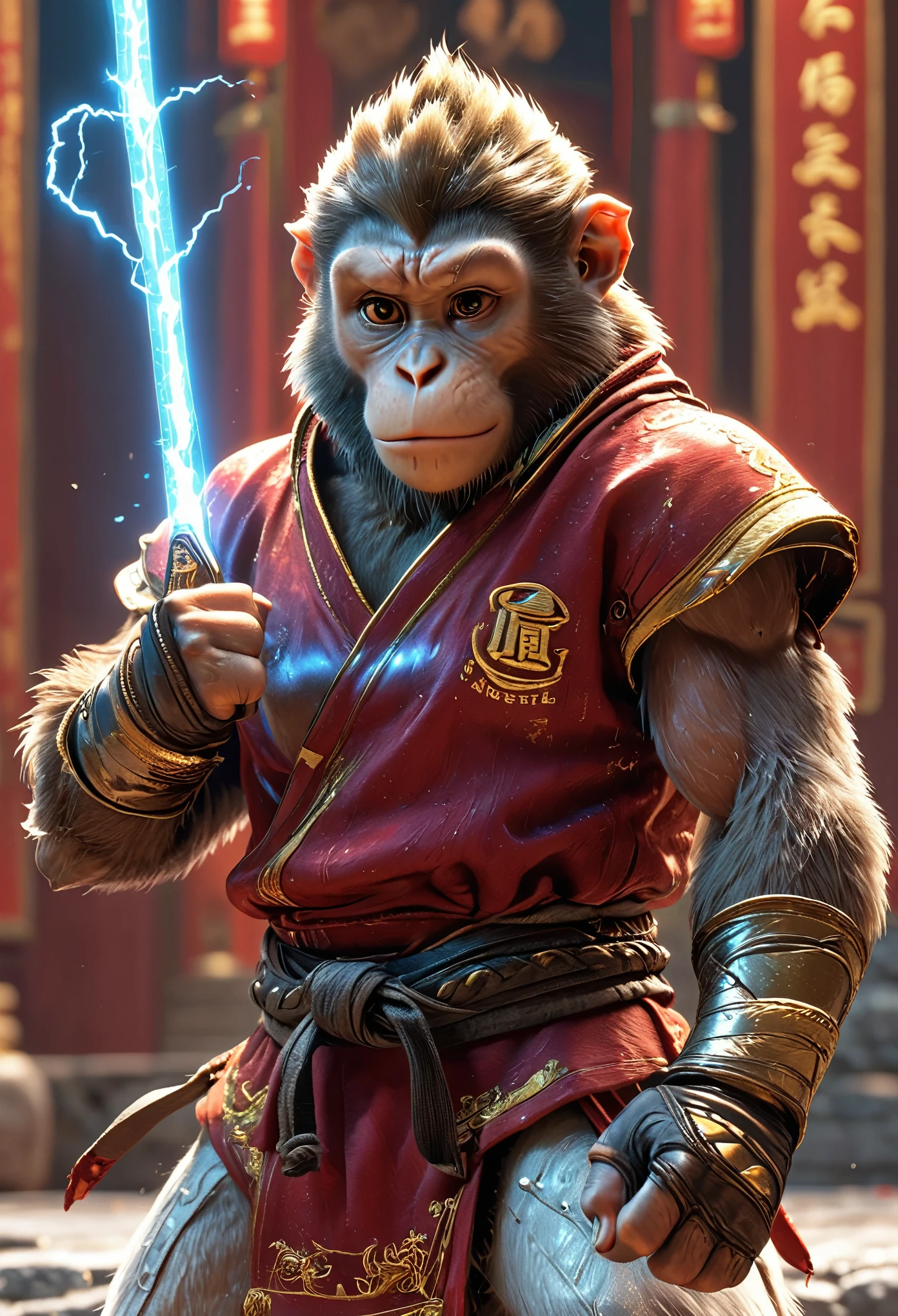 Close-up shot of a monkey, Monkey Martial Artist,whole body, He is throwing punches with gloves that are covered in lightning., Wearing martial arts uniform, Chinese Shaolin Temple Background, High resolution, masterpiece, Highest quality, Super detailed, Super detailed, Ultra-realistic,
 Hong Kong Style, 3D Fluffy, Cute and adorable close-ups, Cute big round reflective eyes, Long fuzzy fur, Pixar Rendering, unreal engine Cinematic smooth, Exquisite detail, Cinematic
