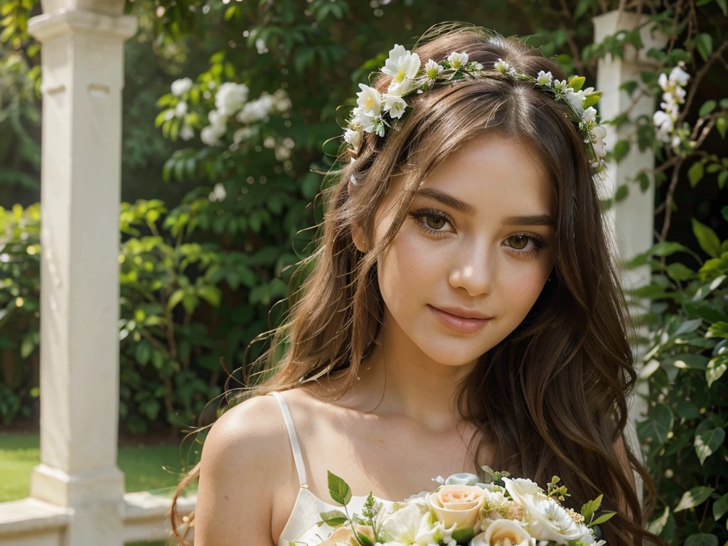 a girl in a lush garden, beautiful detailed eyes, beautiful detailed lips, extremely detailed face and skin, long eyelashes, long wavy hair, elegant flower crown, flowing white dress, holding a bouquet of flowers, gentle smile, serene expression, soft natural lighting, vibrant colors, photorealistic, 8k, hyper detailed, intricate, masterpiece