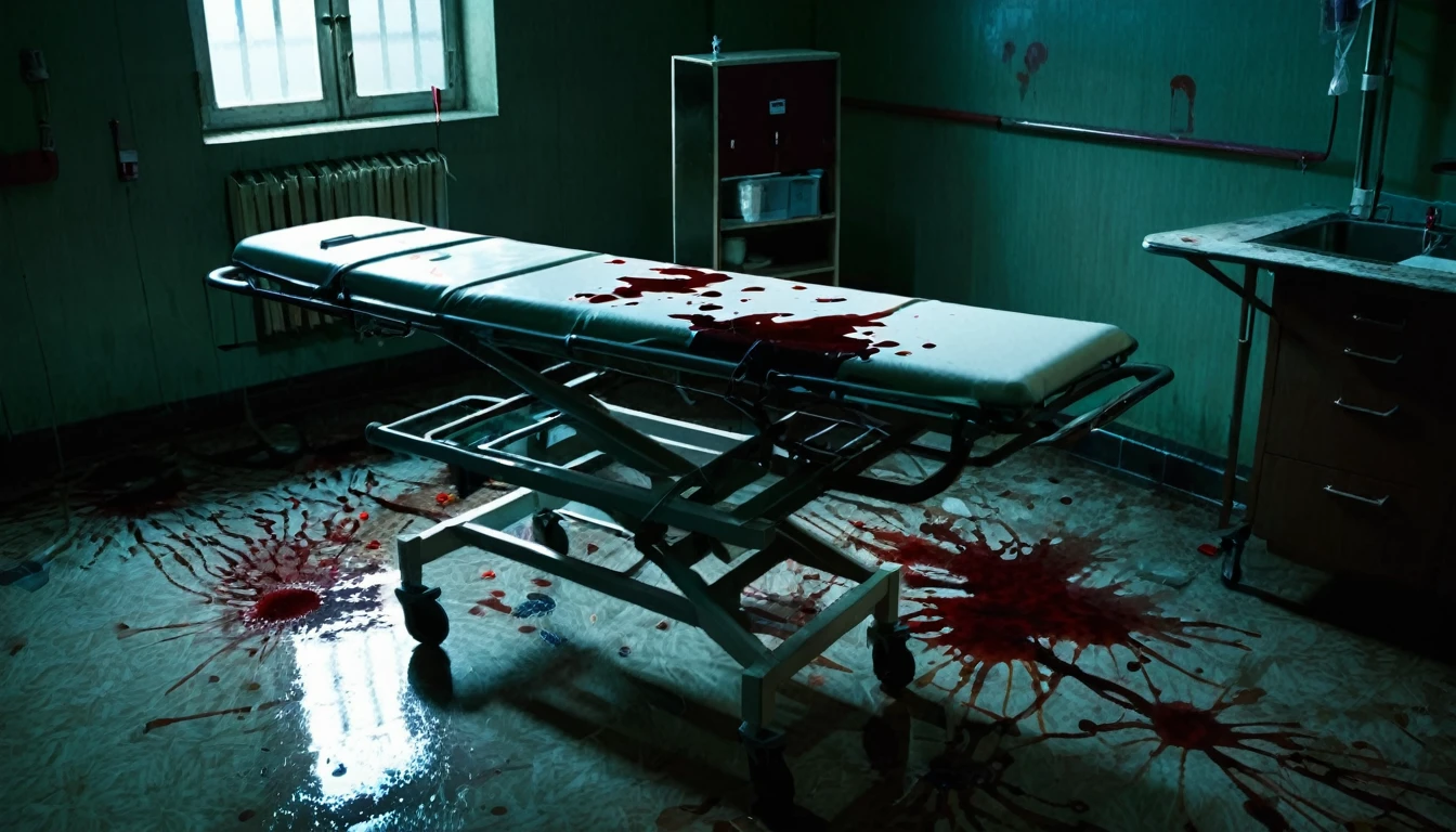 hospital room, stretcher in the center, various equipment, blood stains on the floor, environment, dark, sinister, macabre