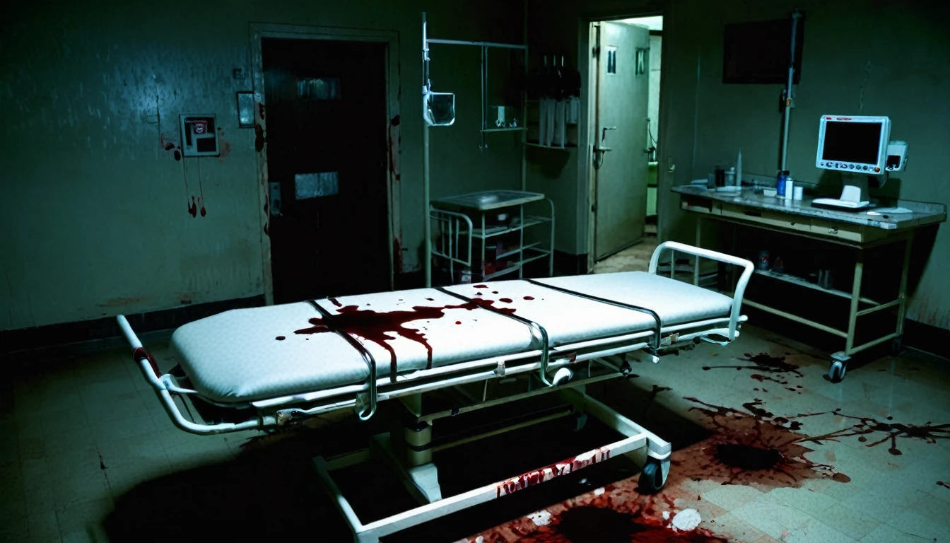 hospital room, stretcher in the center, various equipment, blood stains on the floor, environment, dark, sinister, macabre