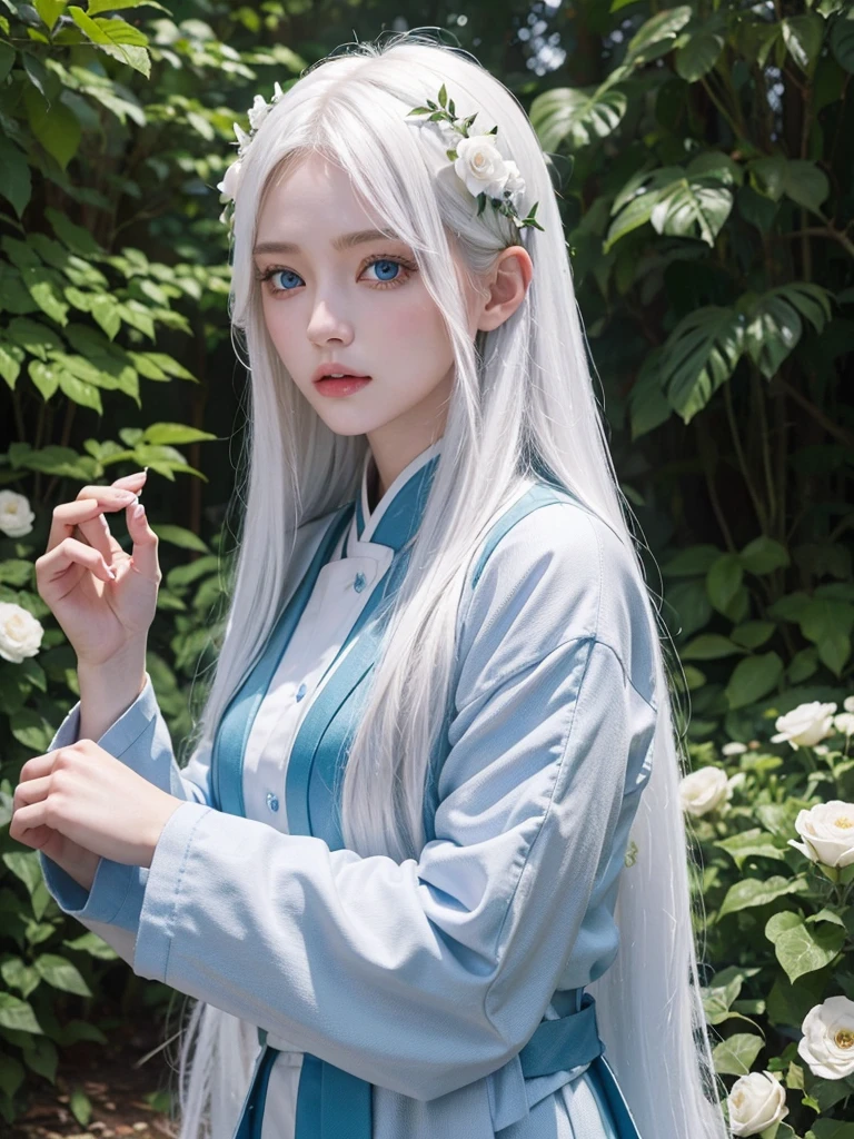 Long white hair, blue eyes, serious features, white skin, loose style, in a garden, with flowers , in the forest , jeju island Korea 