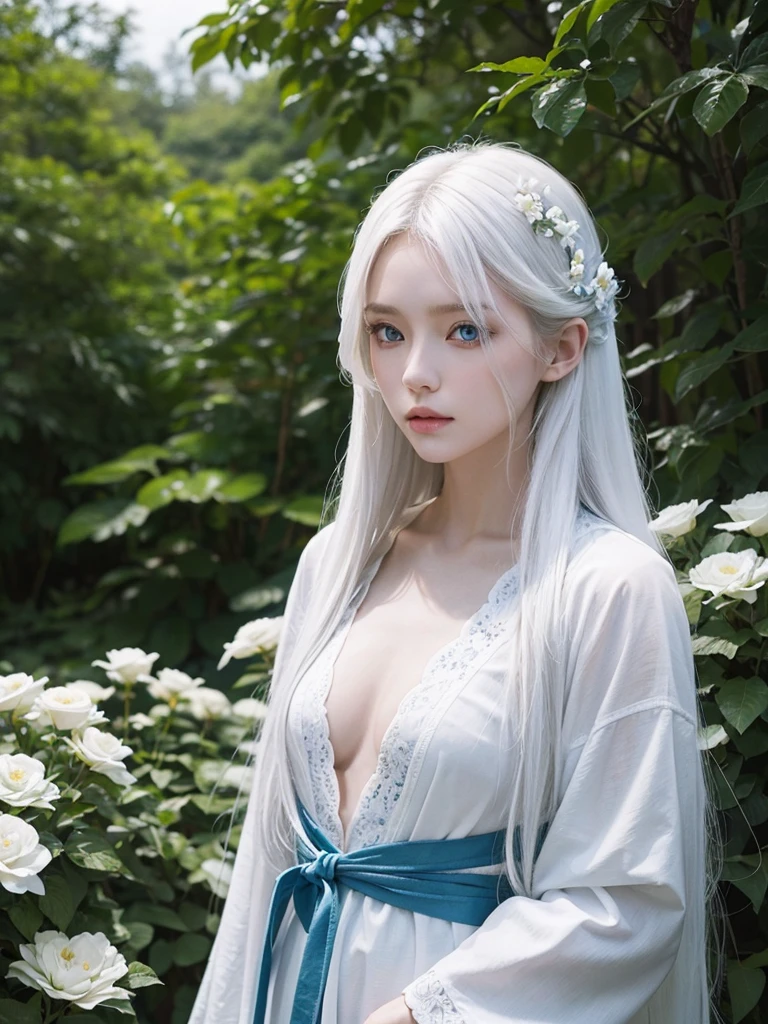 Long white hair, blue eyes, serious features, white skin, loose style, in a garden, with flowers , in the forest , jeju island Korea