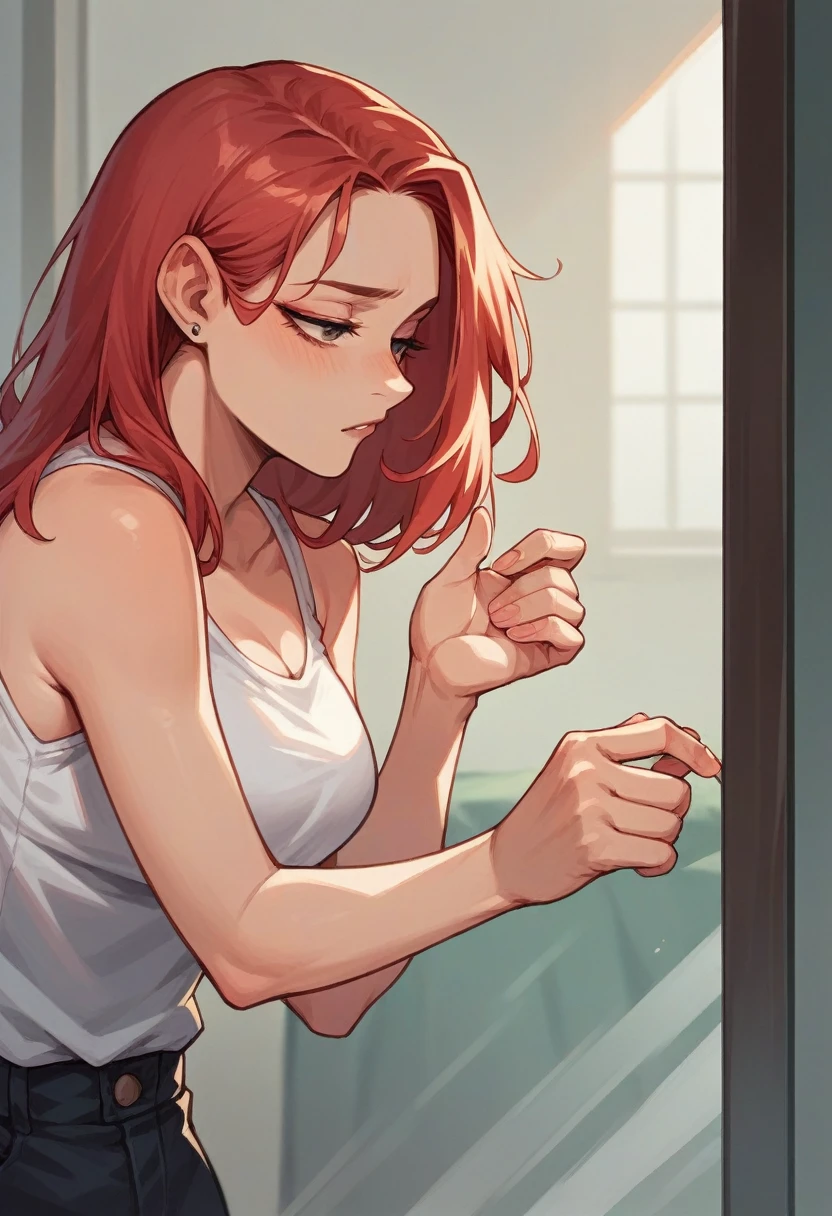 red-haired woman looking in the mirror seriously stretches out her hand and touches it with the tips of her fingers