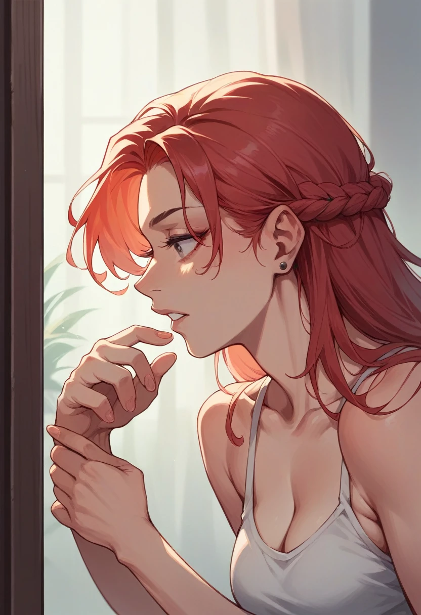 red-haired woman looking in the mirror seriously stretches out her hand and touches it with the tips of her fingers