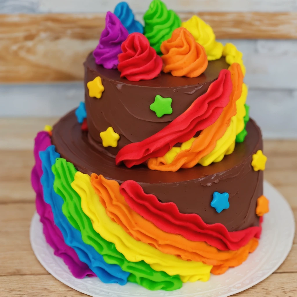 on a wooden table. there is a white plate. two-tier cake, chocolate cream cake, rainbow cream in the form of ruffles, decorated with rainbow stars made of polymer clay, multi-colored cream on top, against the background of the kitchen, Beautiful light from the window, contour light, Multiple light sources, beautiful lighting, Bright light source, bright lighting, beautiful light sources, Multiple light sources, Realistic style , realistic texture, detailed texture, A high resolution, high quality,