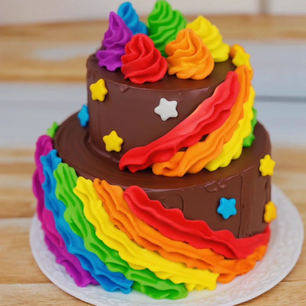 on a wooden table. there is a white plate. two-tier cake, chocolate cream cake, rainbow cream in the form of ruffles, decorated with rainbow stars made of polymer clay, multi-colored cream on top, against the background of the kitchen, Beautiful light from the window, contour light, Multiple light sources, beautiful lighting, Bright light source, bright lighting, beautiful light sources, Multiple light sources, Realistic style , realistic texture, detailed texture, A high resolution, high quality,