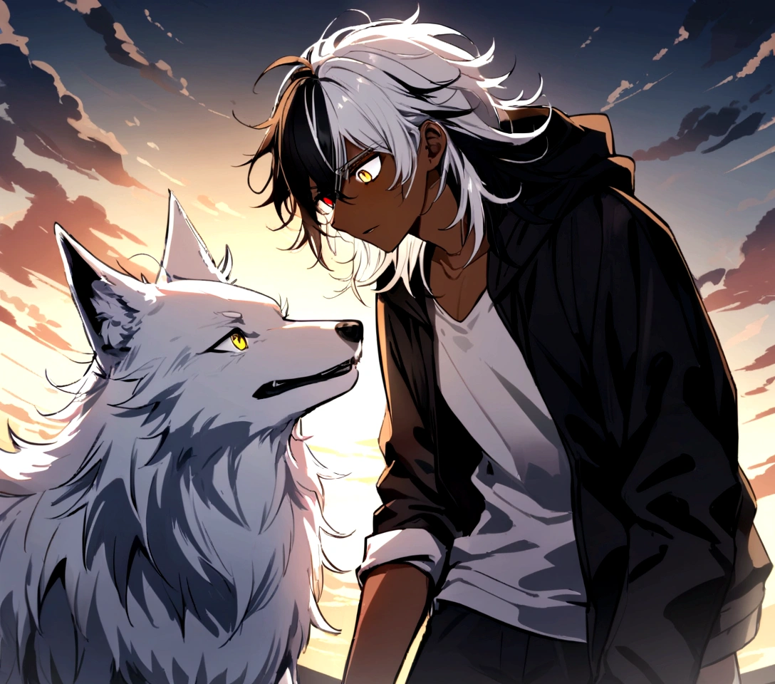 white  shirt, wearing a black hoodie , yellow and black eyes heterochromia, idiotic expression, Messy hair , Medium length hair , 1 men , multicolored black and white hair , two tone hair , dark skin color , with a white wolf , the two looking at each other 
