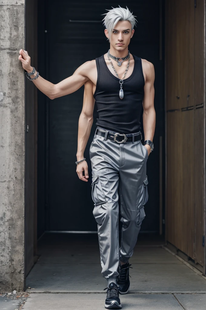 Slim silver haired male anime character with sapphire eyes looking at the camera while walking wearing a sleeveless collared t-shirt but with fishnet sleeves and some cargo pants with a punk belt and some chains