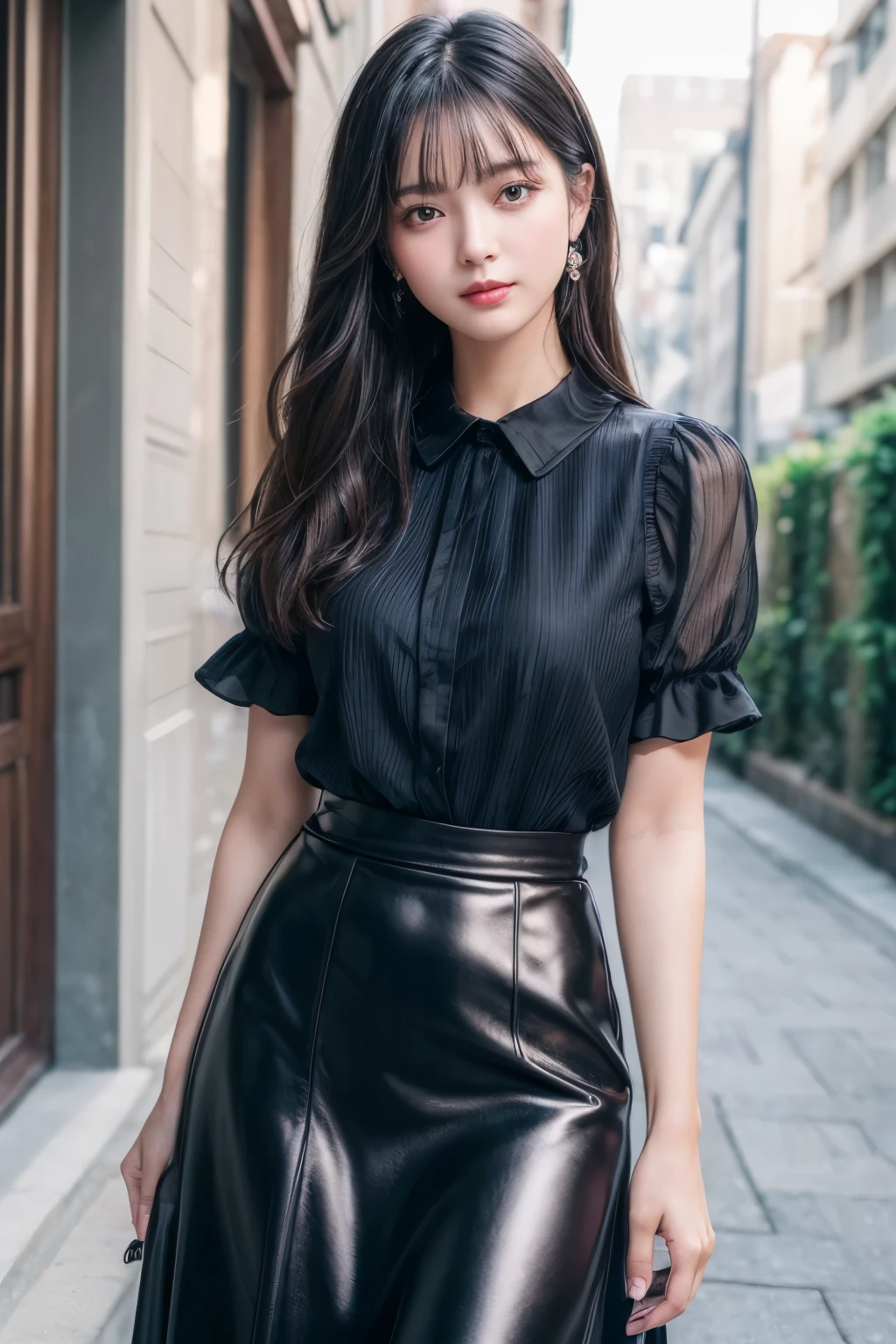 ((Best image quality、8K、masterpiece：1.3))、Realistic high-quality photos、Highest quality、Beautiful and graceful face and eyes、Black Hair、Shiny Hair、 OL、Wearing a short-sleeved blouse、Wear a long skirt、Full Body Shot.