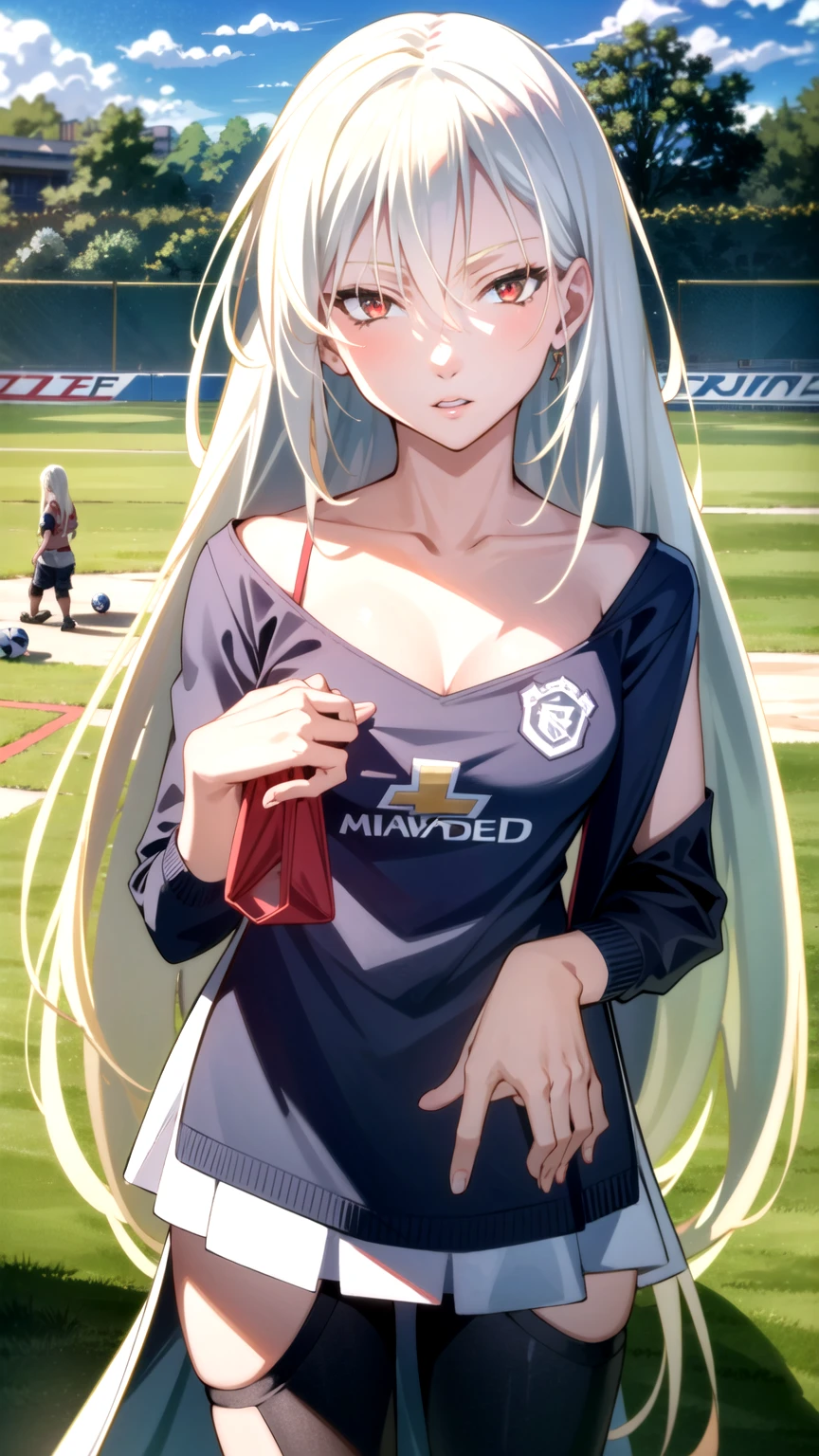 Masterpiece, best quality, very detailed, Ultra high resolution, (photorealistic:1.4), raw photos, (realistic:0.2), 1 girl, alone, long hair,,8k hdr, 1 girl,white hair,red eyes,  medium-large breast, bright eyes, , medium-small breasts,Wearing a Manchester United shirt , Ball Field