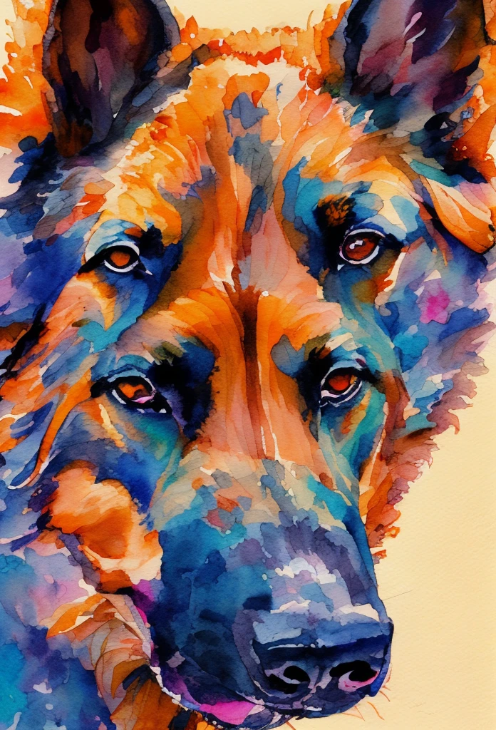 german shepherd dog looking into the lens, watercolor painting, watercolor, excellent quality, details, watercolor texture, brushstrokes, (incredibly detailed: 1.4), (extremely fine details: 1.35)