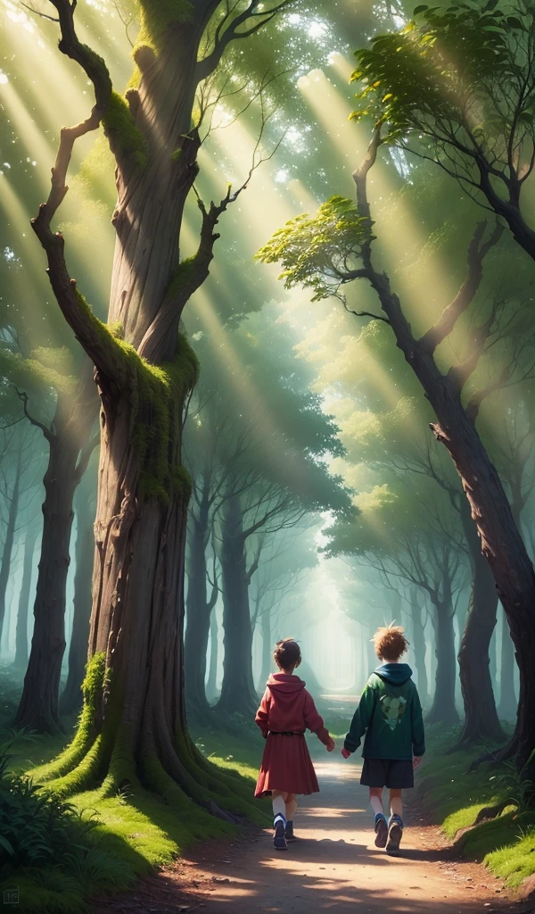 (anime, digital paint, enchanted forest background, vibrant colors, sunlight filtering through trees, 1 boy and 1 girl happy childrens walking hand in hand on a mossy path, dense foliage all around, sense of wonder and adventure)