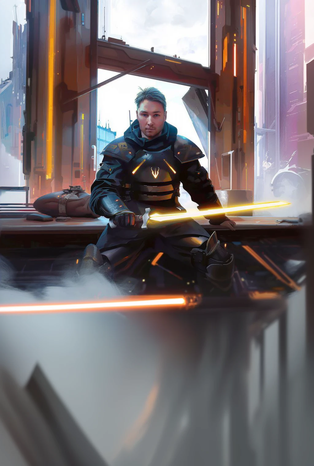 a man sitting in front of a window holding a light saber, cyberpunk art, fantasy art, card game illustration, full character body, in the style of clint cearley, story book design, the blade dancer, new york in the future, guard