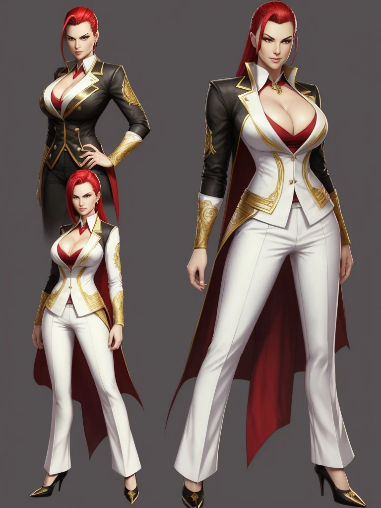 ((best quality)), ((4k)), ((highres)), ((masterpiece:1.2)). ((detailed)), ((ultra realistic)), ((intricate details)), ((full body picture)), ((character design sheet)), ((blank background)), ((standing in a blank background)), solo character, a full body shot of a sexy pale female, inhuman pale skin, pasty white skin, ((vampire pale skin))), ((ghostly pale skin)), redhead, ((vivid red hair)), slicked back hair, sexy and dangerous, evil smile on her face, ((evil smile)), about 30 years old, about 6'0 ft tall, athletic frame, character concept art, female executive, blazer suit, dress pants, work pants, white outfit with black details and gold adornments, ((predominantly white outfit)), ((showing cleavage)), gold office heels, fighting game character concept art, tekken character design, the king of fighters character concept