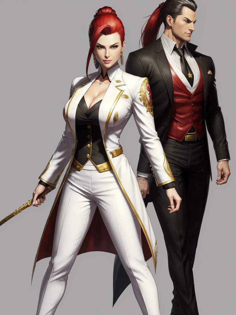 ((best quality)), ((4k)), ((highres)), ((masterpiece:1.2)). ((detailed)), ((ultra realistic)), ((intricate details)), ((full body picture)), ((character design sheet)), ((blank background)), ((standing in a blank background)), solo character, a full body shot of a sexy pale female, inhuman pale skin, pasty white skin, ((vampire pale skin))), ((ghostly pale skin)), redhead, ((vivid red hair)), slicked back hair, sexy and dangerous, evil smile on her face, ((evil smile)), about 30 years old, about 6'0 ft tall, athletic frame, character concept art, female executive, blazer suit, dress pants, work pants, white outfit with black details and gold adornments, ((predominantly white outfit)), ((showing cleavage)), gold office heels, fighting game character concept art, tekken character design, the king of fighters character concept