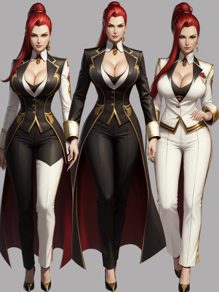 ((best quality)), ((4k)), ((highres)), ((masterpiece:1.2)). ((detailed)), ((ultra realistic)), ((intricate details)), ((full body picture)), ((character design sheet)), ((blank background)), ((standing in a blank background)), solo character, a full body shot of a sexy pale female, inhuman pale skin, pasty white skin, ((vampire pale skin))), ((ghostly pale skin)), redhead, ((vivid red hair)), slicked back hair, sexy and dangerous, evil smile on her face, ((evil smile)), about 30 years old, about 6'0 ft tall, athletic frame, character concept art, female executive, blazer suit, dress pants, work pants, white outfit with black details and gold adornments, ((predominantly white outfit)), ((showing cleavage)), gold office heels, fighting game character concept art, tekken character design, the king of fighters character concept