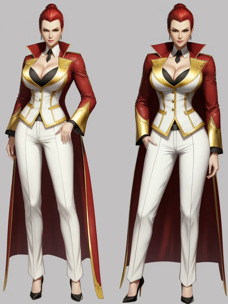 ((best quality)), ((4k)), ((highres)), ((masterpiece:1.2)). ((detailed)), ((ultra realistic)), ((intricate details)), ((full body picture)), ((character design sheet)), ((blank background)), ((standing in a blank background)), solo character, a full body shot of a sexy pale female, inhuman pale skin, pasty white skin, ((vampire pale skin))), ((ghostly pale skin)), redhead, ((vivid red hair)), slicked back hair, sexy and dangerous, evil smile on her face, ((evil smile)), about 30 years old, about 6'0 ft tall, athletic frame, character concept art, female executive, blazer suit, dress pants, work pants, white outfit with black details and gold adornments, ((predominantly white outfit)), ((showing cleavage)), gold office heels, fighting game character concept art, tekken character design, the king of fighters character concept
