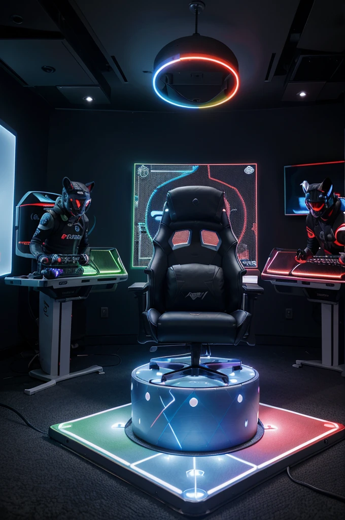 Futuristic gaming room with advanced technology, featuring colorful LED lights and holographic screens. Cats are playing video games, some sitting in ergonomic gaming chairs with headsets, others holding controllers and watching a large screen. The room is decorated with silver and blue balloons shaped like the number '8' and a banner that says 'Happy 8th Anniversary'. A birthday cake with an '8' candle is on a table. Some cats are wearing game-themed outfits and hats with '8' on them. The scene is vibrant, modern, and full of celebration.
