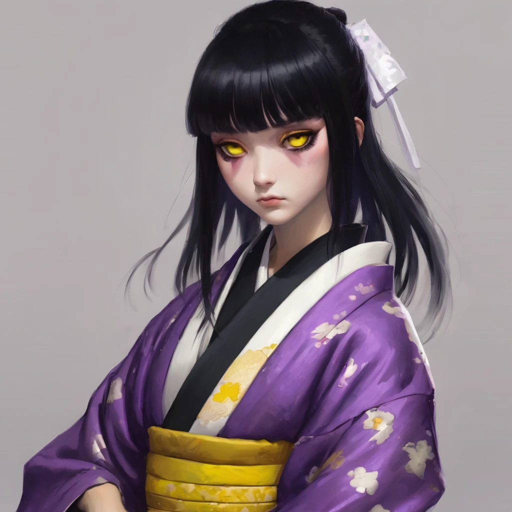  with a very weak purple kimono, black hair with white bangs, one black eye and one yellow eye.