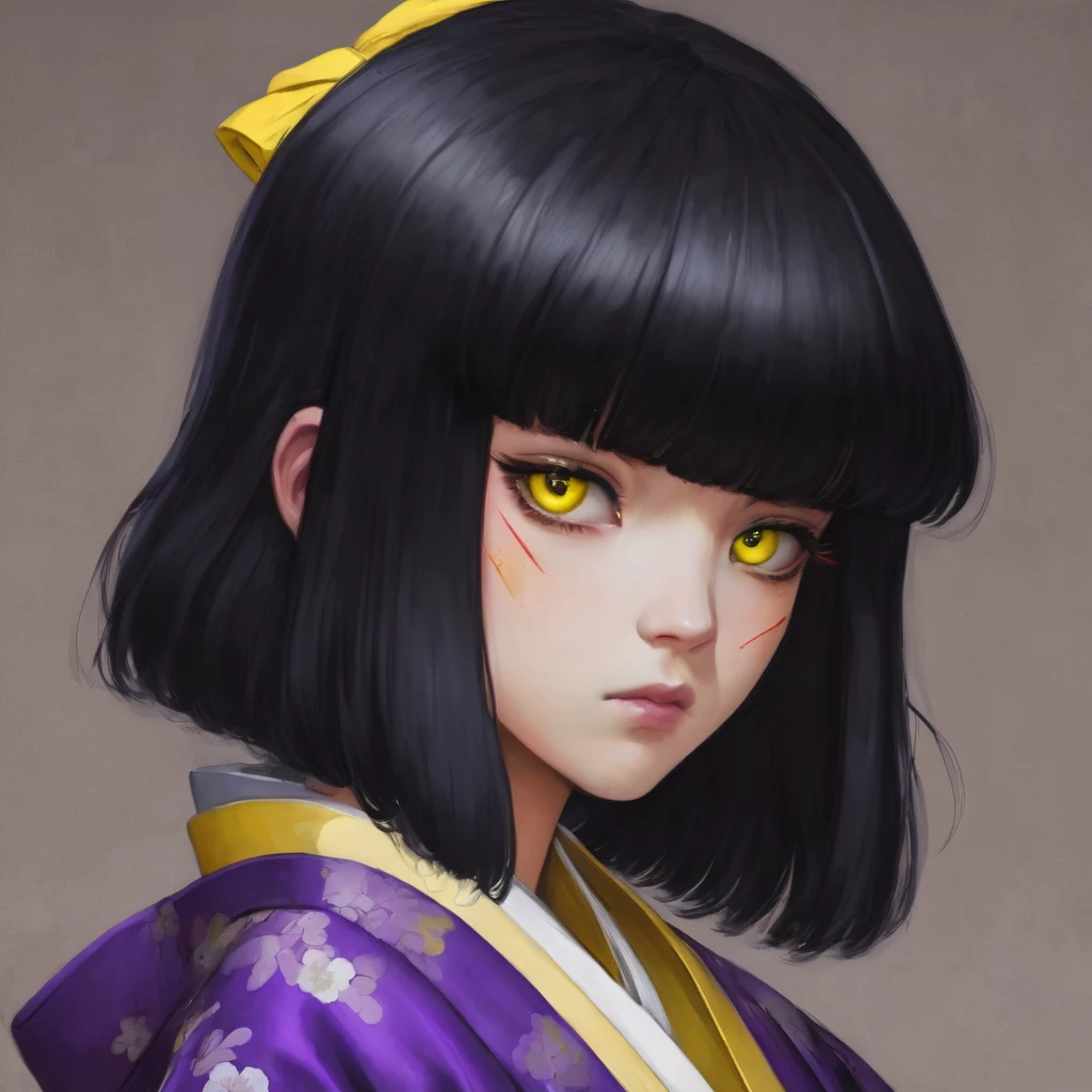  with a very weak purple kimono, black hair with white bangs, one black eye and one yellow eye.