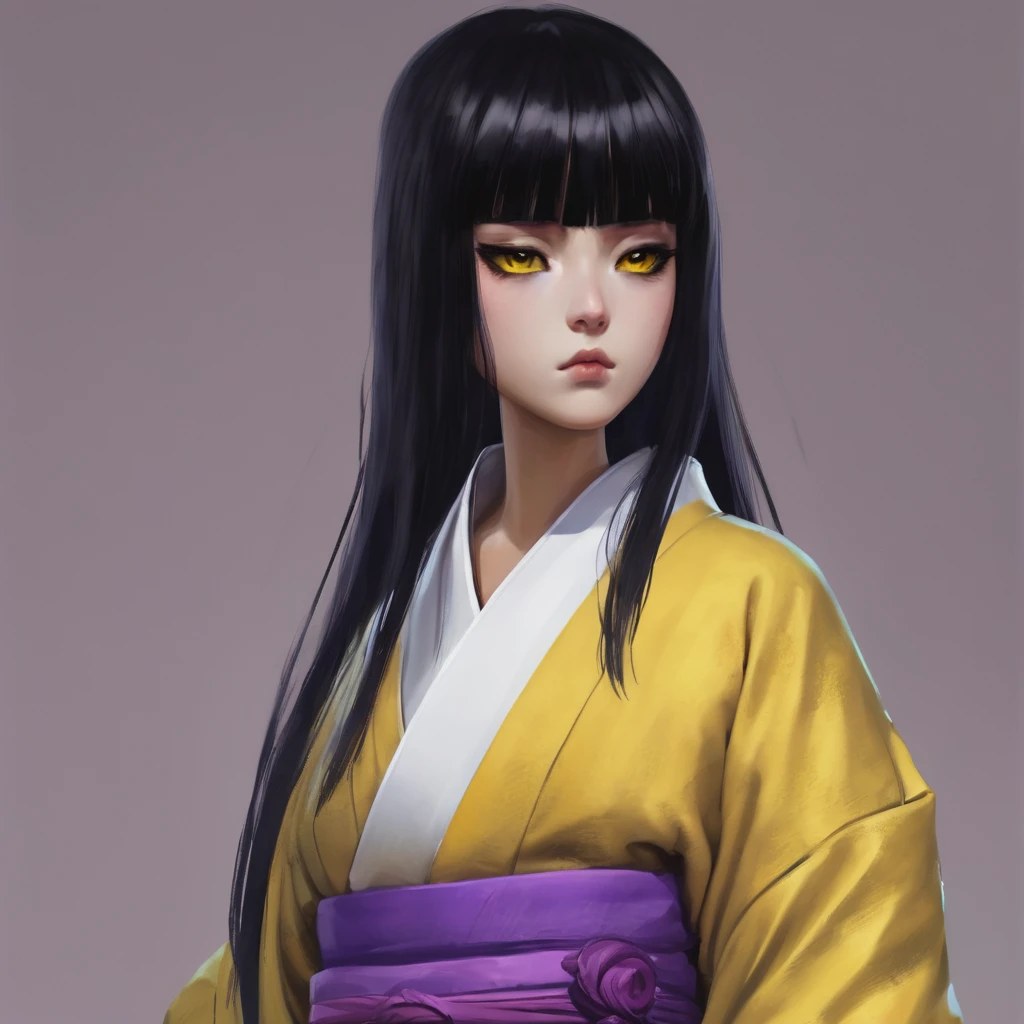  with a very weak purple kimono, black hair with white bangs, one black eye and one yellow eye.