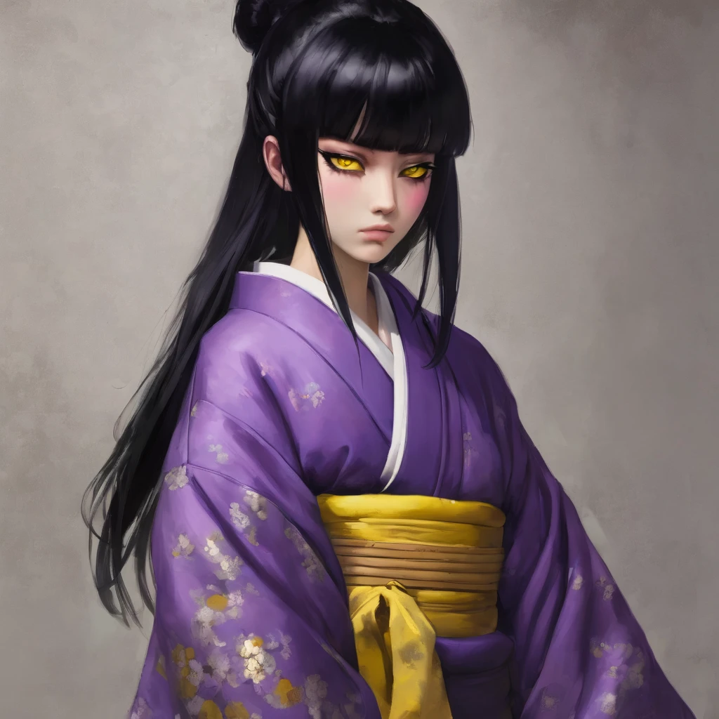  with a very weak purple kimono, black hair with white bangs, one black eye and one yellow eye.