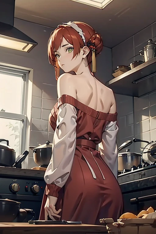 (from below:1.2), (perky chest:1.2), (pointed chest:1.2), 1girl, Bust A Cup, Amazing Cleavage:1.1, thin waist, big ass, Raised sexy, small breast: 1.1 posed cleavage:1.2、solo, looking at viewer, have a cute glass of cute beergrass,black hair, dark green eyes, dress, bare shoulders, jewelry, collarbone, sidelocks, hairband, earrings, indoors, off shoulder, arms behind back, plants, short hair with long locks, gild hairband, off-shoulder dress, sweater dress, off-shoulder sweater, red sweater, dark gord hair, big side hair, very long side hair,is rendered in (masterpiece: 1.2, best quality), with (ultra high resolution) and an exquisite (depth of field). This masterpiece is not only visually stunning but also tells,A scene of cooking in the kitchen